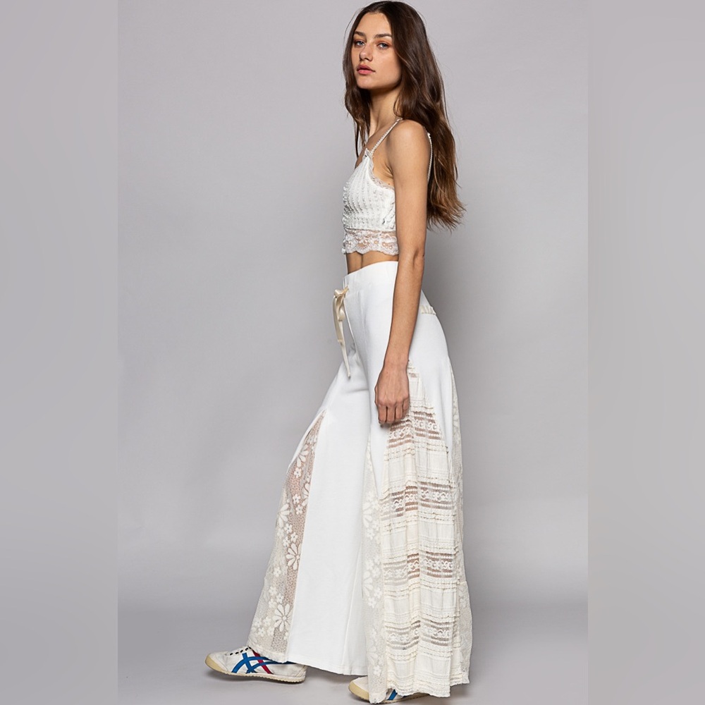 43. POL LAST 1! Wide Leg Pant & Lace Dress Top Women's White Drawstring - Picture 2 of 6